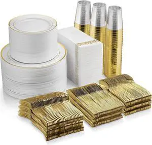 700-Piece Gold Dinnerware Set - 200 Gold Rim Plastic Plates, 300 Gold Plastic Silverware, 100 Gold Plastic Cups, 100 Linen-Like Gold Paper Napkins - Perfect for Parties and Events