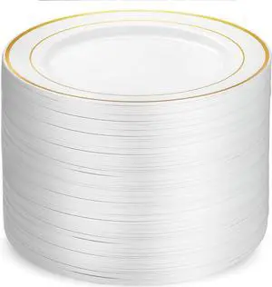 100 Piece Plastic Party Plates White Gold Rim, Premium 10.25 Inch Dinner Elegant Fancy Heavy Duty Disposable Wedding Plates