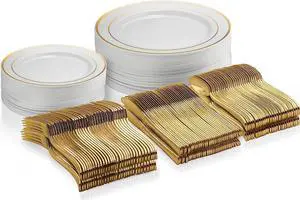 125 Piece Gold Dinnerware Party Set - 50 Gold Rim Plastic Plates, 25 Dinner 25 Dessert Plates, 75 Gold Silverware, 25 Knives, 25 Forks, 25 Spoons - 25 Guest Disposable Set for Wedding Birthday Parties