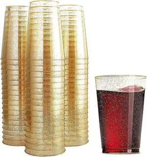 100 Glitter Plastic Cups 12 Oz Clear Plastic Cups Tumblers Gold Glitter Cups Disposable Wedding Cups Elegant Party Cups Recyclable and BPA-Free