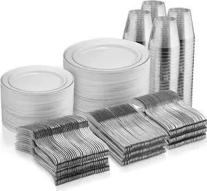 600 Piece Silver Dinnerware Set -100 Silver Rim 10 inch Plastic Plates 100 Silver Rim 7 Inch Plates -300 Silver Plastic Silverware -100 Silver Plastic Cups -100 Guest Disposable Silver Dinnerware Set