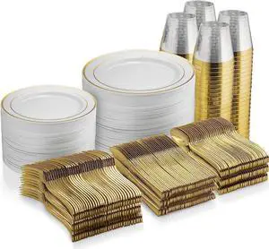 600 Piece Gold Dinnerware Set - 100 Gold Rim 10 inch Plastic Plates 100 Gold Rim 7 Inch Plates -300 Gold Plastic Silverware - 100 Gold Plastic Cups - 100 Guest Disposable Gold Dinnerware Set