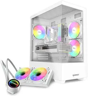 Raidmax I801 Panoramic Tempered Glass Mid Tower ATX PC Case with 3 Pre-Installed ARGB Fans, White Combo with 240mm AIO Liquid Cooler  Modern Gaming Chassis with Wide Interior and Efficient Cooling
