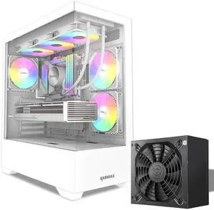 Raidmax I801 White Panoramic Gaming Case with 700W 80+ Gold PSU, ATX Mid Tower, Tempered Glass, Pre-Installed 3 x 120mm ARGB Fans, Supports 240/360mm Liquid Cooler & RTX 50 Series GPU