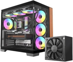 RAIDMAX Infinita Series I610 Dual Chamber ATX Gaming Case, Pre-install 4x ARGB Fans and 80+ Gold 700W, , 270° Seemless O11 Tempered Glass, Supports Up to 400mm GPU and 360mm Water Cooler (Wood+700W)
