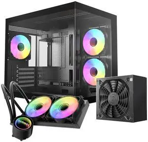 Raidmax i600 Micro-ATX Dual-Chamber Gaming Case, 4 ARGB Fans Pre-Installed, Panoramic Glass, Bundled 700W Power Supply & 240mm Liquid Cooler, Compact High-Airflow Build