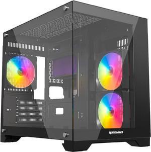 Raidmax Infinita i600 Micro ATX Cube Tower Computer Case with 3 ARGB Fans, Tempered Glass Front and Side Panel and Supports up to 360mm Water Cooling, Micro ATX, USB 3.0- Black
