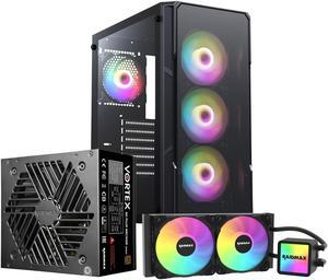 Raidmax Case PSU AIO Combo - Vector V212 Black ATX Mid Tower PC Case 4 Static RGB Fans Included + Vortex ATX Power 700W 80 Plus Bronze Efficiency + Tornado AIO Liquid Cooler 240mm ARGB Fans Controller