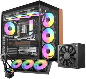 RAIDMAX Infinita I610 Dual Chamber ATX Gaming Case Combo Set, Pre-install 4x ARGB Fans + 80+ Certified 700Watts Power and  360mm Water Cooler,Panoramic Seemless O11 Tempered Glass, Supports Up to 400m