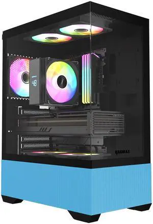 RAIDMAX i802 VIBE Blue Compact ATX Gaming PC Case, 5x Fixed RGB Fans Pre-Installed, Panoramic Tempered Glass, High Airflow Mid Tower Chassis, Supports 400mm GPU & 240mm Radiator