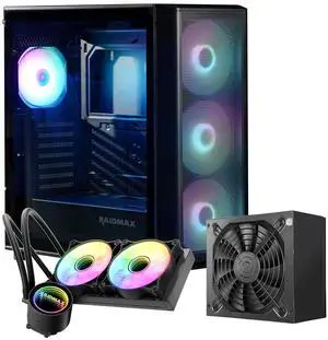 RAIDMAX X606 ATX Mid Tower Gaming PC Case Bundle with 700W Power Supply & 240mm Liquid Cooler, Front Mesh High Airflow Panel, Pre-Installed 3x 140mm + 1x 120mm ARGB Fans, Supports 400mm GPU
