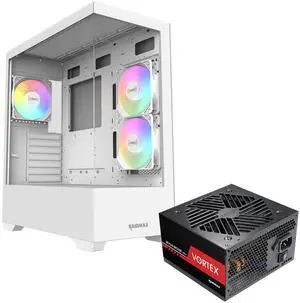 Raidmax I801 White Panoramic Gaming Case with 700W 80+ Gold PSU, ATX Mid Tower, Tempered Glass, Pre-Installed 3 x 120mm ARGB Fans, Supports 240/360mm Liquid Cooler & RTX 50 Series GPU Raidmax I801 White Panoramic Gaming Case with 700W 80+ Gold PSU, ATX Mid Tower, Tempered Glass, Pre-Installed 3 x 120mm ARGB Fans, Supports 240/360mm Liquid Cooler & RTX 50 Series GPU