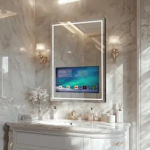 Haocrown 24x32 Inch Bathroom Vanity Mirror with 21.5" Touch Screen Smart System, Streaming Apps, Weather Clock, 3 Color Dimmable LED Light, Anti-Fog Wi-Fi Bluetooth HDMI, Vertical Wall Mounted (2025)