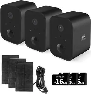 Z-EDGE SW03 3 Packs 1080P Full HD Wireless Smart Cameras with Solar Panels, Built-in Mic & Speaker, 2.4GHz Wi-Fi, IR Night Vision, with 3 pcs 16GB micro SD Cards Black