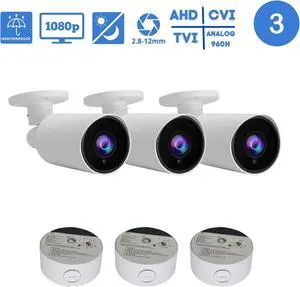 Evertech 1080P HD Indoor Outdoor AHD TVI CVI Analog Bullet Security Surveillance Cameras with Junction Box Deep Base, 3-Pack