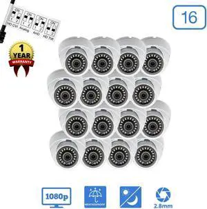 Evertech 1080P HD Dome Security Camera Indoor Outdoor Surveillance Night Vision Waterproof Wide Angle 4in1 Compatible with AHD TVI CVI Analog (16 Pack)