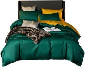 Anyhouz Bed Sheet Deep Green Yellow Ultra Soft Cotton Bedding Cover Full Size 4 Pcs Bed Set