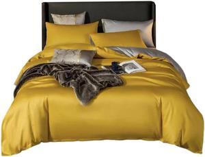 Anyhouz Bed Sheet Yellow Light Grey Ultra Soft Cotton Bedding Cover Full Size 4 Pcs Bed Set