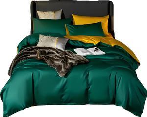 Anyhouz Duvet Comforter Set Full Deep Green/ Yellow Cotton Thick Blanket Bedspread 4 Pcs Bed Set