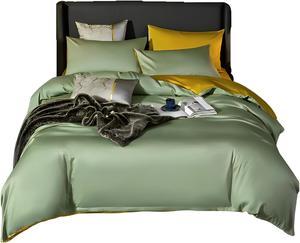 Anyhouz Duvet Comforter Set Full Green/ Yellow Cotton Thick Blanket Bedspread 4 Pcs Bed Set