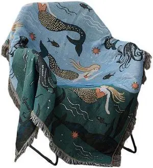 Anyhouz Throw Blanket Blue Faux Cashmere Sofa Cover Mermaid Pattern Tassel 130*160cm