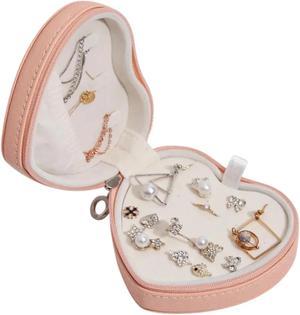 Anyhouz Jewelry Box Pink Heart Shaped Compact Portable Travel Case Zipper Lock