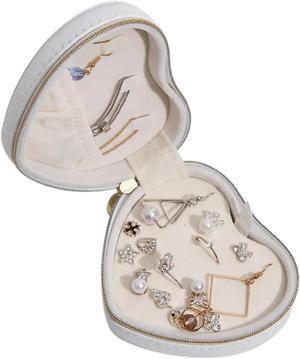 Anyhouz Jewelry Box White Heart Shaped Compact Portable Travel Case Zipper Lock