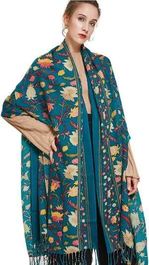 Anyyou 100% Pure Merino Wool Green Flower Design Stylish Poncho Winter Large Scarf With Trendy Pashmina Shawl Bandana  For Women Fashion Design
