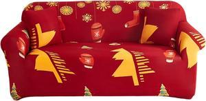 Anyhouz Sofa Cover Red 2 Seater Plaid Christmas Tree Bells Design Non Slip Stretchable Slipcover