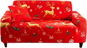 Anyhouz Sofa Cover Red 2 Seater Christmas Reindeer Design Non Slip Stretchable Slipcover