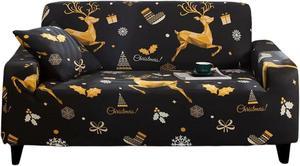 Anyhouz Sofa Cover Black 2 Seater Christmas Reindeer Design Non Slip Stretchable Slipcover