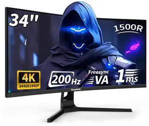 GAWFOLK 34" Curved Ultrawide Gaming Monitor, 200Hz, Speakers, 1500R, 21:9, UWQHD 4K (3440×1440), Adaptive Sync, 178° Viewing Angle, HDMI+DP, Wall Mountable. GAWFOLK 34" Curved Ultrawide Gaming Monitor, 200Hz, Speakers, 1500R, 21:9, UWQHD 4K (3440×1440), Adaptive Sync, 178° Viewing Angle, HDMI+DP, Wall Mountable.