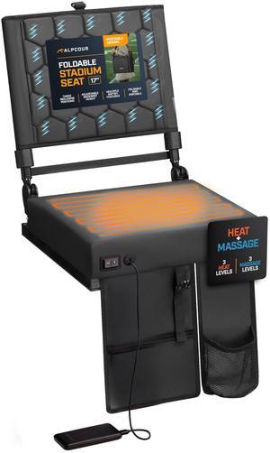 Alpcour Foldable Reclining Heated Massage Stadium Seat with Multiple Pockets, Anti-Slip Bottom, Bleacher Hooks, Bag Hook, Adjustable Height