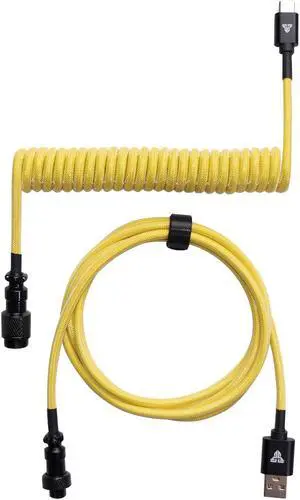 FANTECH AC701 Coiled Cable,USB-C and USB-A 2.0 Plug Type, 4-Pin GX12 Aviator Detachable Connector Type, Double-sleeved braided Cable,Yellow