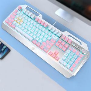 FANTECH TK900 Wired Mechanical Keyboard, 104 Keys, All-key Punch-free, Gaming PC Gaming Cyan Shaft, Blue Light, Compatible with Multiple Systems, Ergonomic, Multi-Function Knob, White Pink