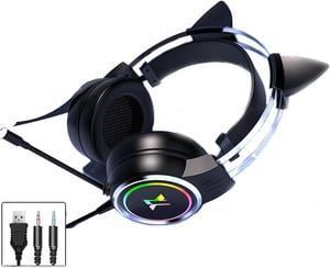 FANTECH Headphones,Ultra-Clear Noise-Canceling Microphone,Dual-Plug Design with Headset Cat Ear Wired Headphones for Dual-Plug Laptops and Desktops-Black