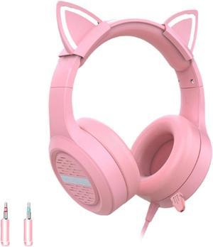 FANTECH Headphones,Short Microphone Design in Cat Ear Unlit Version for Dual-Plugged Laptops and Desktops-Pink