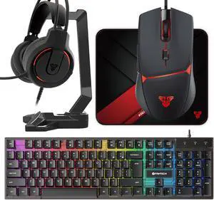 FANTECH P51 Wired Gaming Keyboard & Mouse & Mouse Pad & Headset & Headset Holder 5-Piece Set, RGB Keyboard, 8000DPI RGB Mouse, Light Effect Headset, Cool,  for PC Game Sets Windows macOS, Black
