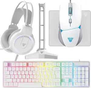 FANTECH P51 Wired Gaming Keyboard & Mouse & Mouse Pad & Headset & Headset Holder 5-Piece Set, RGB Keyboard, 8000DPI RGB Mouse, Light Effect Headset, Cool,  for PC Game Sets Windows macOS, white