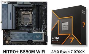 Sapphire Tech Motherboard +CPU Combo, NITRO+ B650M WiFi AM5 Motherboard & Ryzen 7 9700X 8-Core CPU Combo | PCIe 5.0 Support, 12+2+1 Power Phase, DDR5 7600MT/s, Dual M.2, Wi-Fi 6, 4K 144Hz HDMI