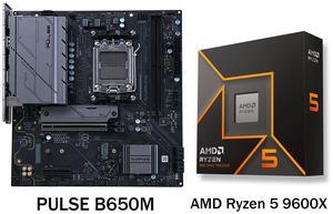 Sapphire Tech PULSE B650M AM5 Motherboard & Ryzen 5 9600X 6-Core CPU Combo | PCIe 5.0 M.2, DDR5 7400+ OC, 7+2+1 Power Phase, Wi-Fi 6, Budget Gaming Bundle