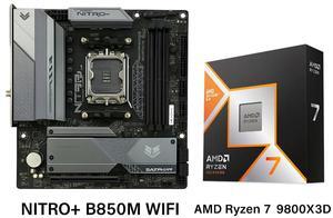 Sapphire Tech NITRO+ B850M WIFI AM5 Motherboard &  Ryzen 7 9800X3D 8-Core CPU Combo | 128MB 3D V-Cache, PCIe 5.0 x16, DDR5 8000+ OC, Wi-Fi 6 Gaming Bundle