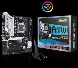 B650M-AYW WIFI AMD B650 Micro-ATX motherboard supports DDR5,AM5,PCIe 5.0 M.2 support,HDMI,Realtek 2.5Gb Ethernet,Wi-Fi 6,rear USB 10Gbps ports,SATA 6 Gbps,Two-Way AI Noise Cancelation, Aura Sync