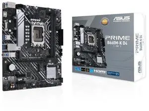 ASUS PRIME B660M-K D4-CSM Intel® B660 (LGA 1700) mATX motherboard with PCIe® 4.0, 2 M.2 slots, DDR4, HDMI®, D-Sub, Realtek 1G Wired LAN, Front USB 3.2 Gen 1, ASUS Lighting Controls