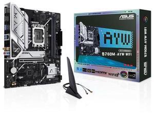 ASUS B760M-AYW WIFI, Intel® B760 LGA 1700 mATX motherboard, PCIe 4.0, PCIe 4.0 M.2 slots, DDR5, Realtek 2.5Gb Ethernet, WiFi 6, HDMI, SATA 6 Gbps, front USB 3.2 Gen 1, Aura Sync