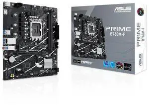 ASUS PRIME B760M-F, Intel® B760 LGA 1700 micro-ATX motherboard,PCIe 4.0, two PCIe 4.0 M.2 slots, DDR5, Realtek 1Gb Ethernet, HDMI, SATA 6 Gbps, USB 5Gbps ports, Aura Sync