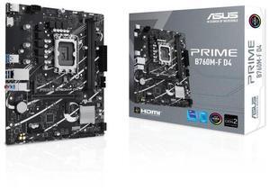 ASUS PRIME B760M-F D4, Intel B760 LGA 1700 micro-ATX motherboard, PCIe 4.0, two PCIe 4.0 M.2 slots, DDR4, Realtek 1Gb Ethernet, HDMI, SATA 6 Gbps, USB 5Gbps ports, Aura Sync