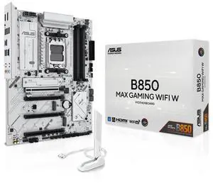 ASUS B850 MAX GAMING WIFI W AMD B850 ATX motherboard AM5 DDR5, PCle 5.0 Ready, three M.2slots, Wi-Fi 6E, Realtek 2.5GbEthernet, rear USB 10Gbps Type-A & Type-c, BlOS FlashBack, Aura Sync