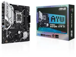 ASUS H610M-AYW D4 Intel H610 (LGA 1700) mATX motherboard with PCIe 4.0, DDR4, two PCIe 3.0 M.2 slots, Intel 1Gb Ethernet,  DisplayPort, SATA 6 Gbps, USB 3.2 Gen 2, Aura Sync