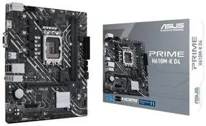 ASUS PRIME H610M-K D4 Intel H610 (LGA 1700) mic-ATX motherboard, DDR4, PCIe 4.0, M.2 slot, Realtek 1 Gb Ethernet, HDMI/D-Sub, USB 3.2 Gen 1 ports, SATA 6 Gbps, COM header, 5X PROTECTION III
